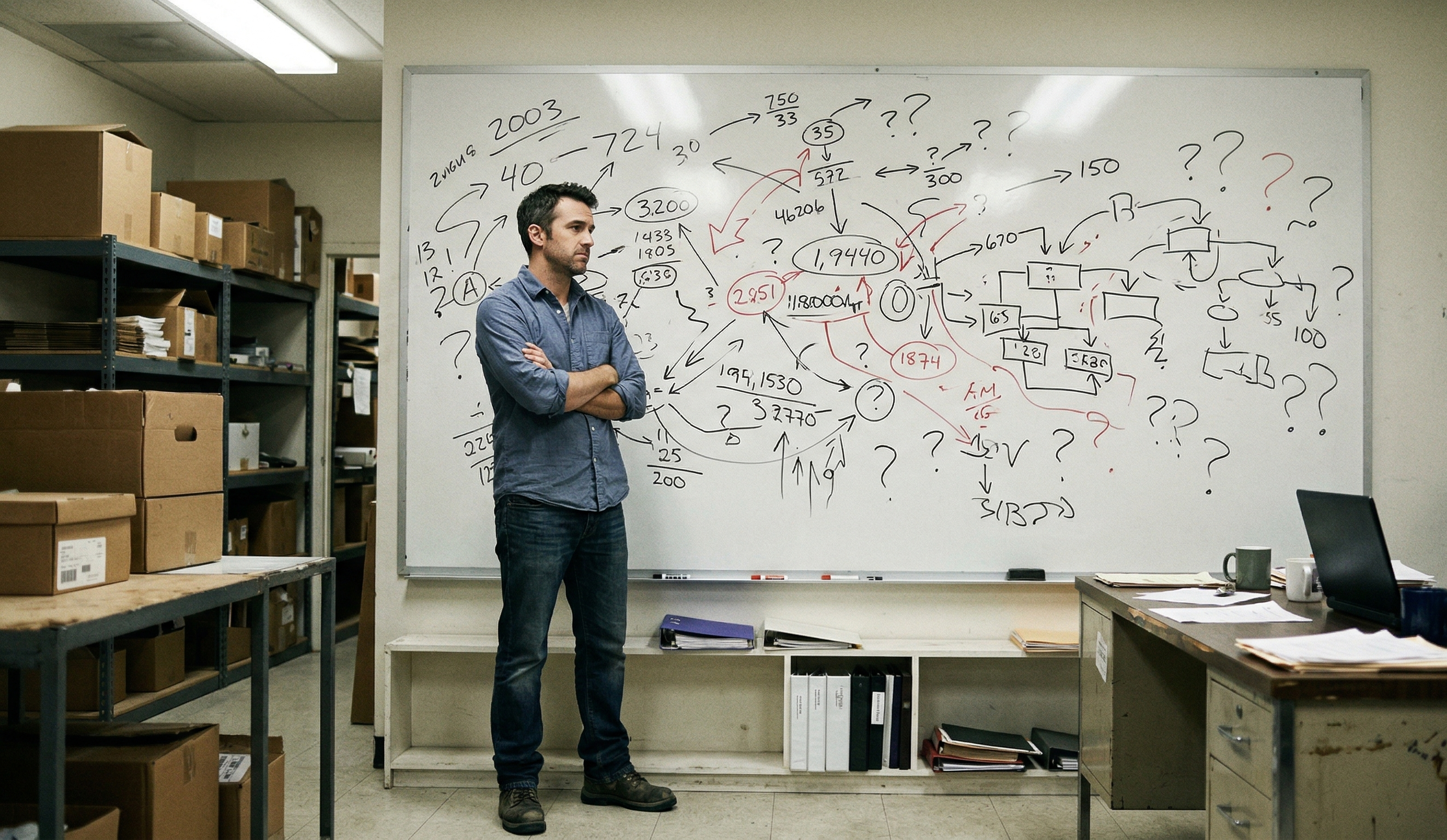 Business owner standing at whiteboard covered in financial questions